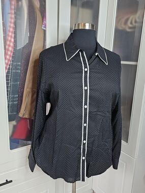 Foxcroft Black Blouse with White Micro Polka Dots